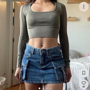 Bershka Khaki Ribbed Long Sleeve Crop Top